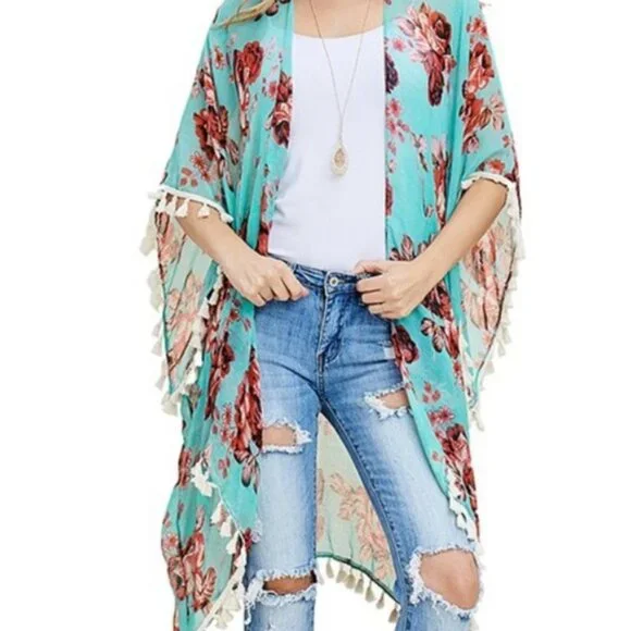 RIAH Green Kimono Floral Fringe Plus EUC 1X 2X L XL - Picture 7 of 8